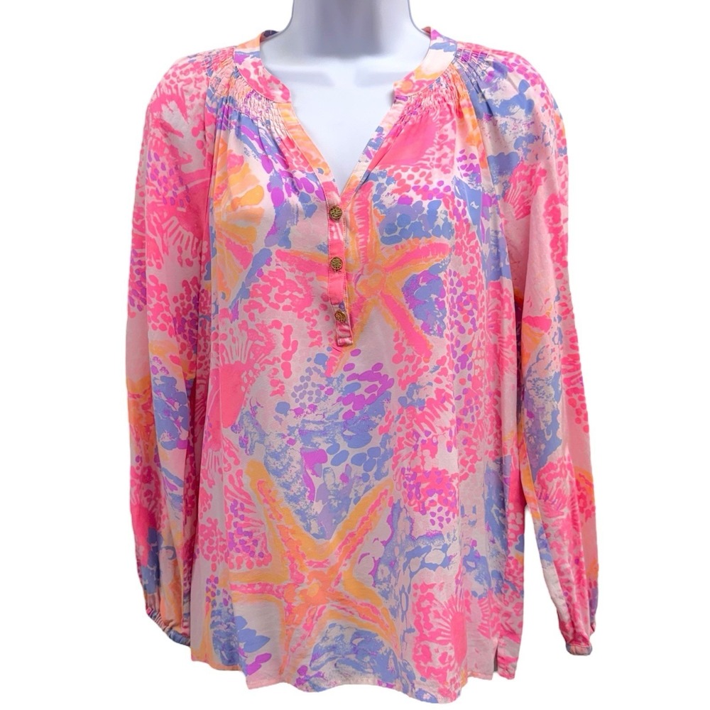 Lilly Pulitzer Women's Small Elsa 100% Silk Top Blouse Colorful Coastal Starfish